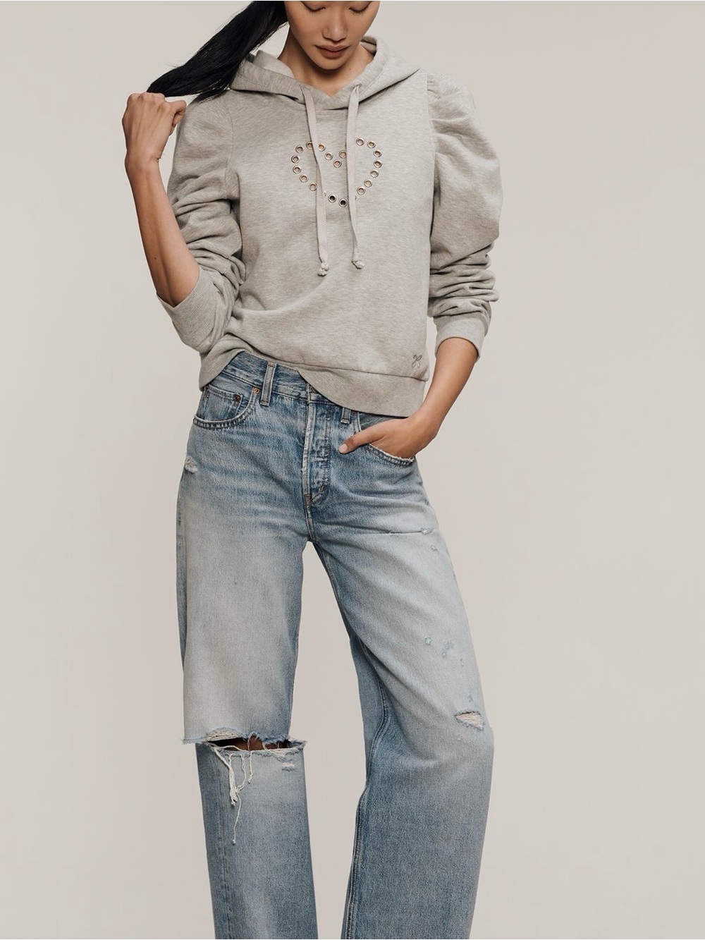 NEW Anthropologie Puff sleeve grommet heart sweatshirt hoodie size M